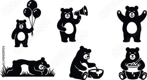 Cartoon bear character set with balloons megaphone playing and eating in black silhouette style vector illustration