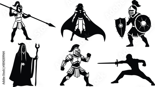 Medieval warriors and knights in various armor styles and poses vector illustration for fantasy and historical themes