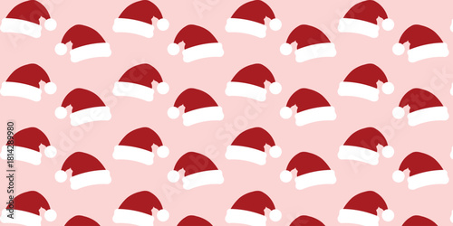 Clean, minimalist seamless pattern of festive red and white Santa Claus hats repeated across a bright white background. Excellent for Christmas product packaging, greeting cards, website headers, and 