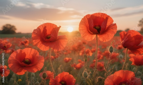 Red Poppy Field at Sunset