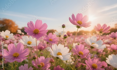 Pink and White Cosmos Flower Field