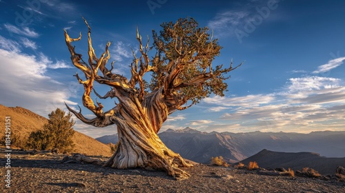 Majestic Ancient Bristlecone Pine Tree on Arid Mountain Ridge at Sunset with Dramatic Sky