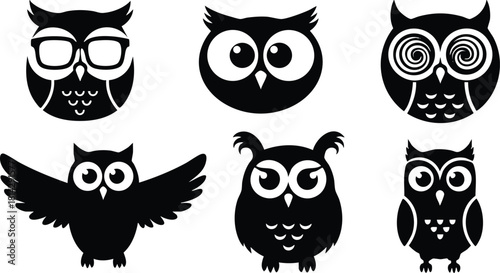 Wallpaper Mural Set of six black owl icons with glasses and different eye designs vector illustration Torontodigital.ca
