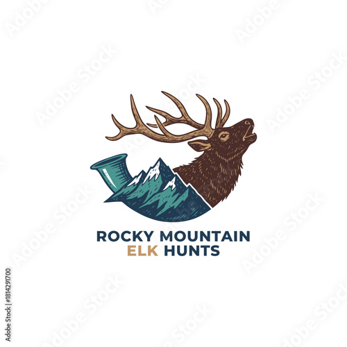 A rugged logo featuring a proud elk head blended with mountain peaks, symbolizing wilderness, strength, and the adventurous spirit of Rocky Mountain Elk Hunts.