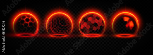 Red protect with sphere dome shield and hexagon. Ball barrier ai with cell and sphere. Red protect 3d effect field sun light force gold advertising screen power futuristic technology safety globe.