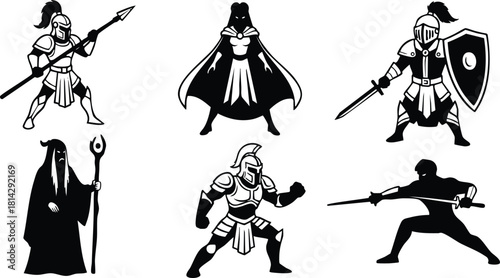 Medieval warrior knights and sorcerer characters in battle poses vector illustration set with weapons and armor