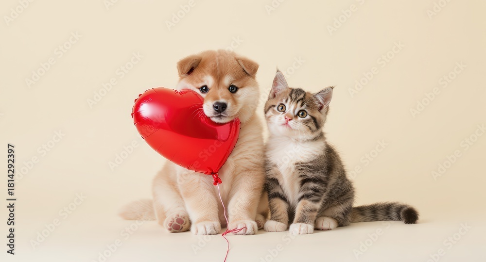 Fototapeta premium Cute Puppy and Kitten with Heart Balloon Sitting on Light Background