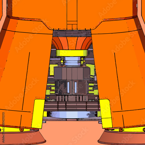 Close up view of a stylized rocket engine and booster components