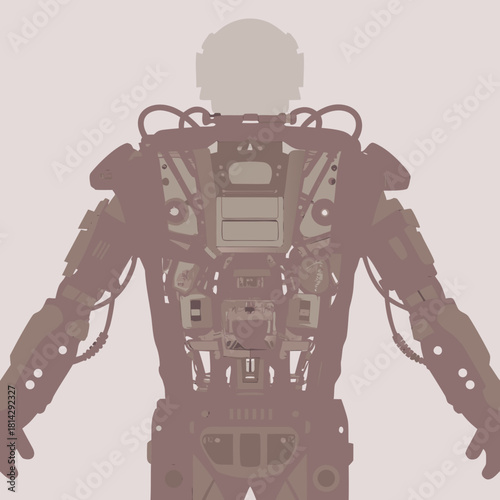 Detailed back view of a futuristic robot with exposed internal mechanics