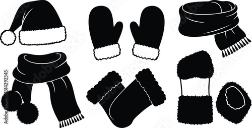 Winter clothing accessories set with mittens scarf and hat in black vector illustration