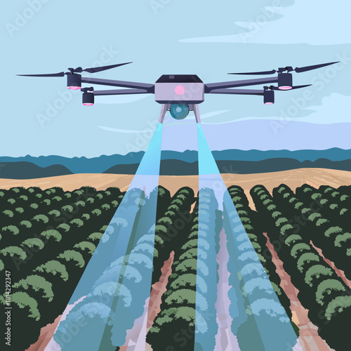 Drone spraying crops in a modern agricultural field
