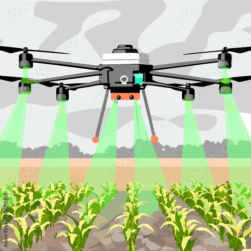 Drone spraying crops with precision agriculture technology