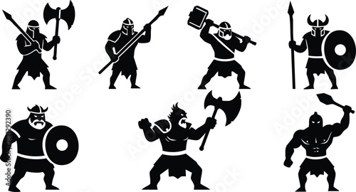 Viking warriors silhouette vector set with axes, spears, and shields in dynamic battle poses
