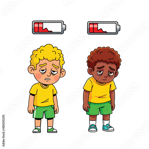 Two Tired Sad Boys with Low Battery Icons Feeling Exhausted