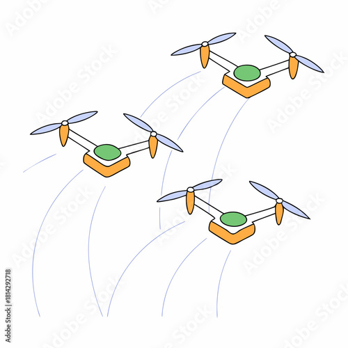 Three drones flying together with blue trajectories