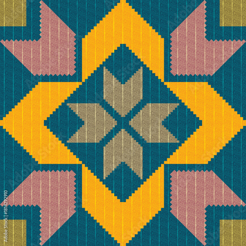 A geometric graphic pattern resembling woven silk, featuring yellow, blue, pink tones arranged in a symmetrical design like flowers and arrows, creating a tribal and contemporary Thai textile feel.
