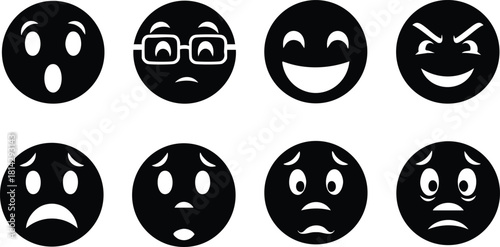 Black silhouette emoji faces showing various emotional expressions vector illustration