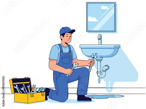 Plumber fixing leaky sink pipe in bathroom repair service illustration