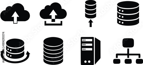 Cloud storage and database server icons vector set for technology and data management illustration