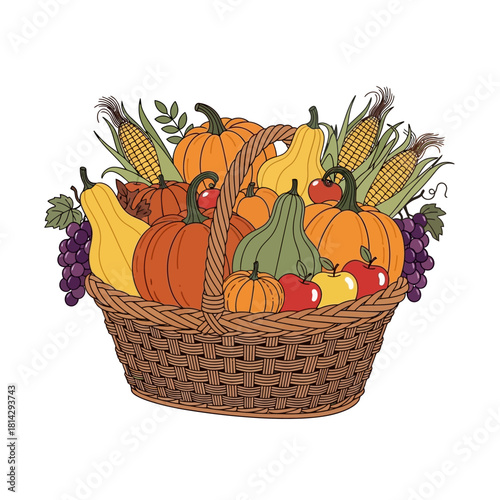 A wicker basket overflowing with a bountiful harvest of autumn vegetables, fruits, and corn, perfect for Thanksgiving or fall-themed designs