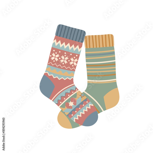 Charming illustration of a mismatched pair of warm knitted socks, featuring distinct festive patterns and stripes, evoking comfort and coziness for the chilly winter season