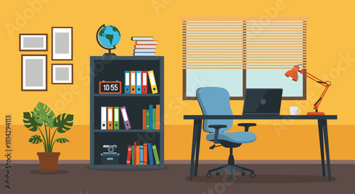 Interior design of a home office or study room featuring a desk, chair, and bookshelf with decor