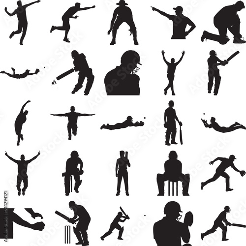 Set of cricket player silhouettes vector illustration of various action poses isolated on white background for sport design