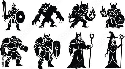 Fantasy medieval warriors and monsters silhouettes with swords shields and magic staffs vector illustration
