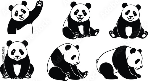 Cute panda bear vector illustrations in various poses sitting waving and resting in black and white style