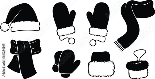 Winter clothing accessories vector set with mittens hats scarves and gloves for cold season fashion