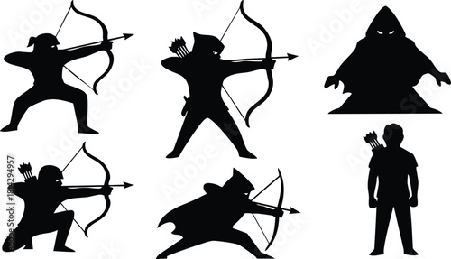 Ninja warrior archers silhouette set with hooded figure and standing person vector illustration