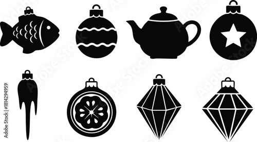 Christmas ornament vector icons set with fish bauble teapot and star decoration in black silhouette style