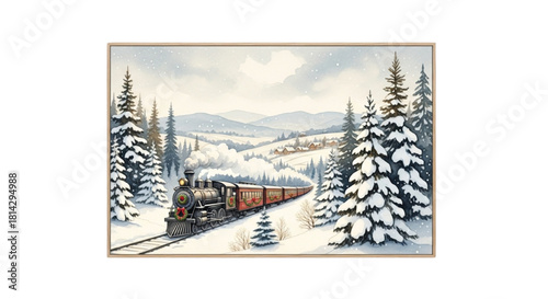 Christmas Steam Train in Snowy Winter Landscape with Pine Trees Framed Illustration