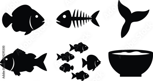 Silhouette fish collection including fish skeleton and whale tail vector illustration for marine design and ocean life projects