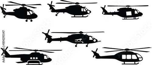 Military helicopter silhouette set vector collection with different models and side views