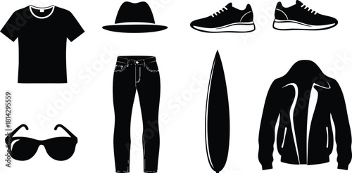 Casual clothing and accessories vector set including t-shirt, hat, sneakers, sunglasses, jeans, surfboard, and leather jacket illustration