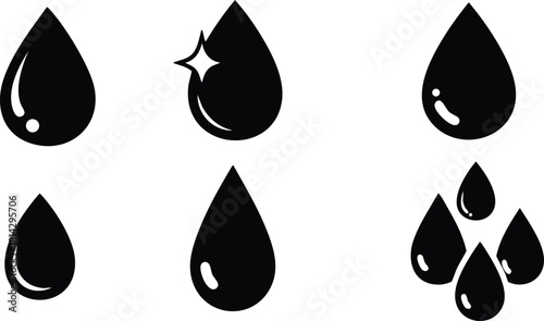 Water drops icons set simple black vector illustration with glossy effect and multiple droplet shapes
