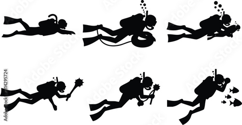 Scuba diver silhouette vector set showing underwater exploration with equipment and coral reef interaction