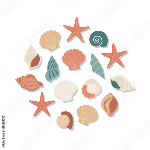 Seashells and Starfish Circle Beach Themed Vector Illustration