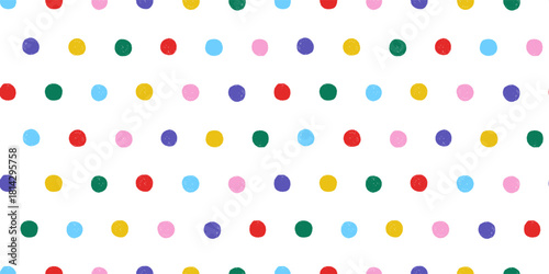 Seamless pattern with multicolored circles, hand drawn round shapes with wax crayon texture. Naive childish polka dot funny geometric print for children, vector illustration on transparent background