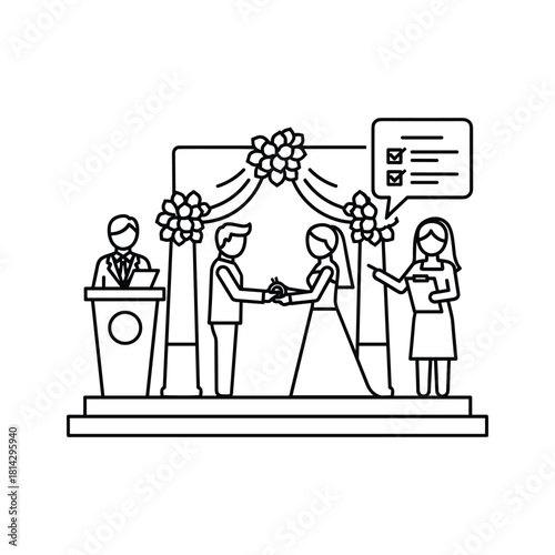 Line art icon representing a wedding ceremony with a couple exchanging vows under an arch and an officiant present