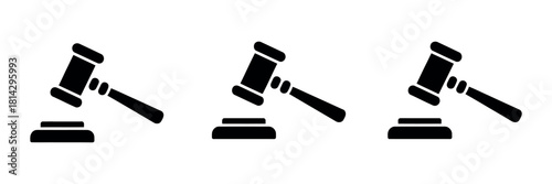 Gavel icons illustrating judge gavels in multiple styles, featuring flat and outlined hammer symbols for legal decisions, courtroom justice themes, law authority visuals, and vector isolated illustrat