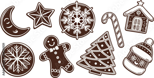A collection of Christmas-themed gingerbread cookies arranged on a white background, illustrated in a detailed, vintage line art style. The cookies are in various shapes a crescent, a circular ornamen