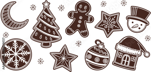 A collection of Christmas-themed gingerbread cookies arranged on a white background, illustrated in a detailed, vintage line art style. The cookies are in various shapes a crescent, a circular ornamen