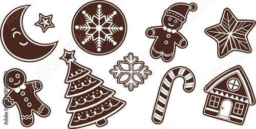 A collection of Christmas-themed gingerbread cookies arranged on a white background, illustrated in a detailed, vintage line art style. The cookies are in various shapes a crescent, a circular ornamen