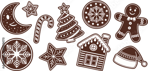 A collection of Christmas-themed gingerbread cookies arranged on a white background, illustrated in a detailed, vintage line art style. The cookies are in various shapes a crescent, a circular ornamen