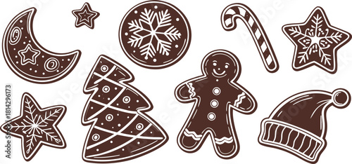 A collection of Christmas-themed gingerbread cookies arranged on a white background, illustrated in a detailed, vintage line art style. The cookies are in various shapes a crescent, a circular ornamen