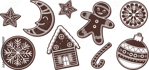 A collection of Christmas-themed gingerbread cookies arranged on a white background, illustrated in a detailed, vintage line art style. The cookies are in various shapes a crescent, a circular ornamen