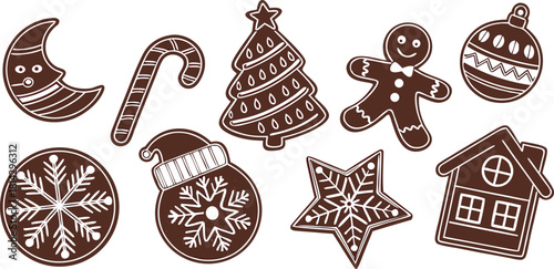 A collection of Christmas-themed gingerbread cookies arranged on a white background, illustrated in a detailed, vintage line art style. The cookies are in various shapes a crescent, a circular ornamen