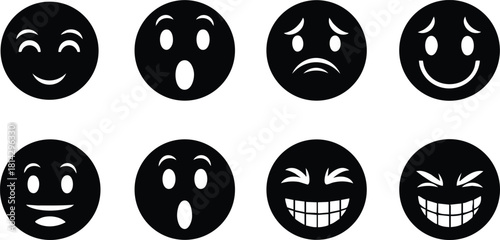 Black happy sad surprised crying and smiling emoticon faces vector illustration set